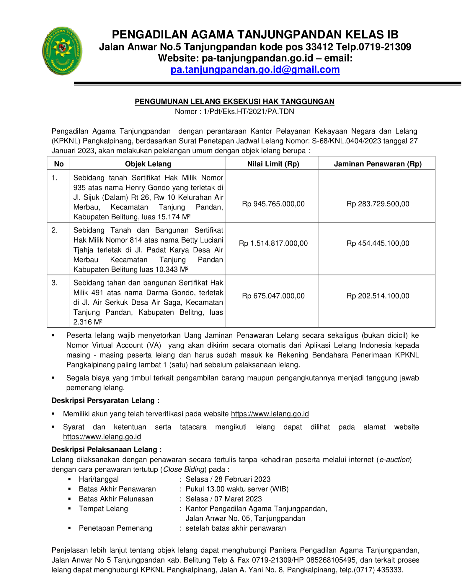 Pengumuman Lelang Pertama 01 1